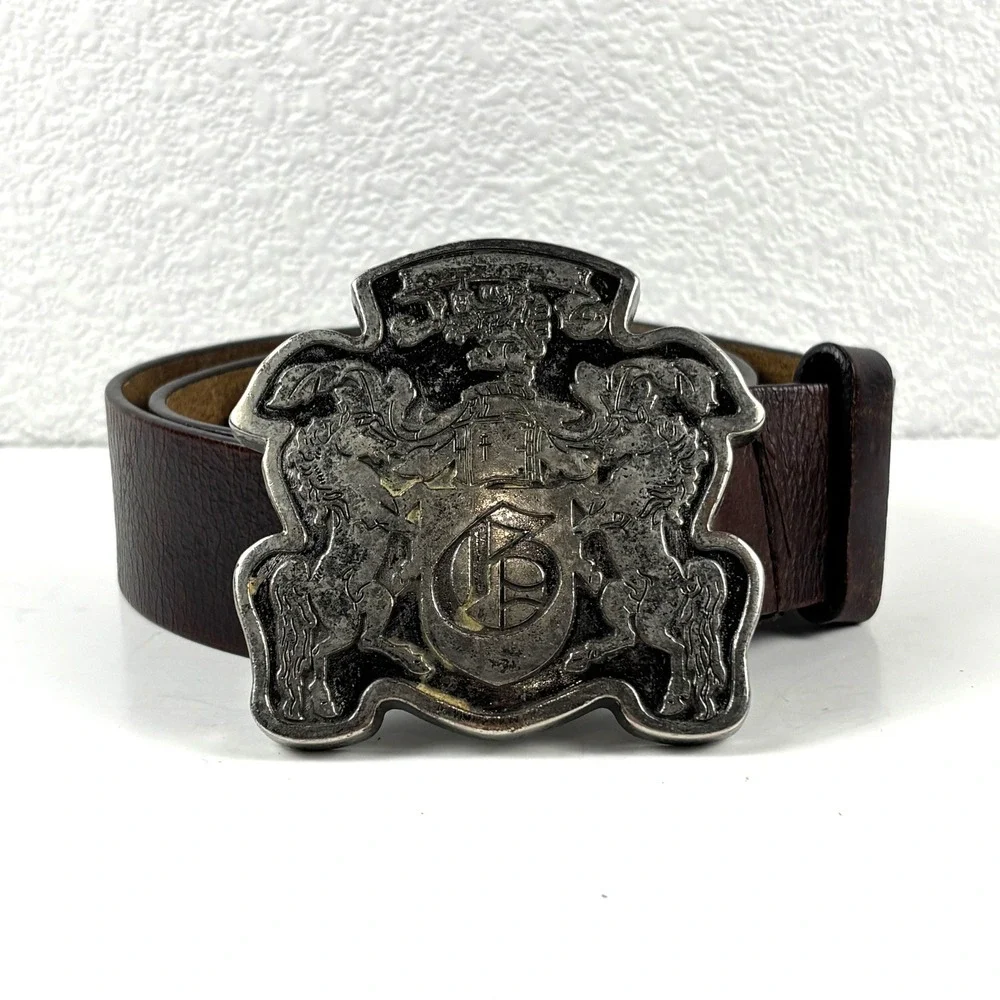 Vintage Horse Crest Large Buckle Belt Mens 32 Brown Leather Silver Tone Heraldic